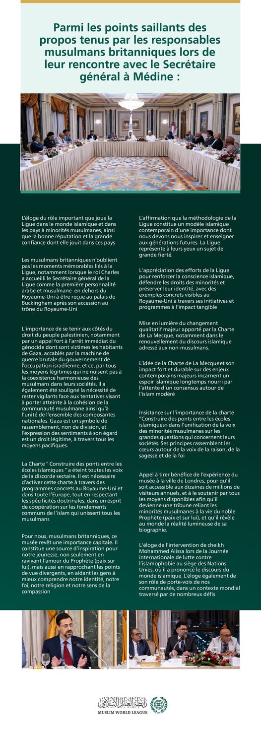 Voici les thèmes principaux abordés dans les interventions des responsables musulmans britanniques, à l’issue de leur rencontre avec le Secrétaire Général, Président de l’Organisation des savants musulmans, cheikh Mohammed Alissa, à Médine.