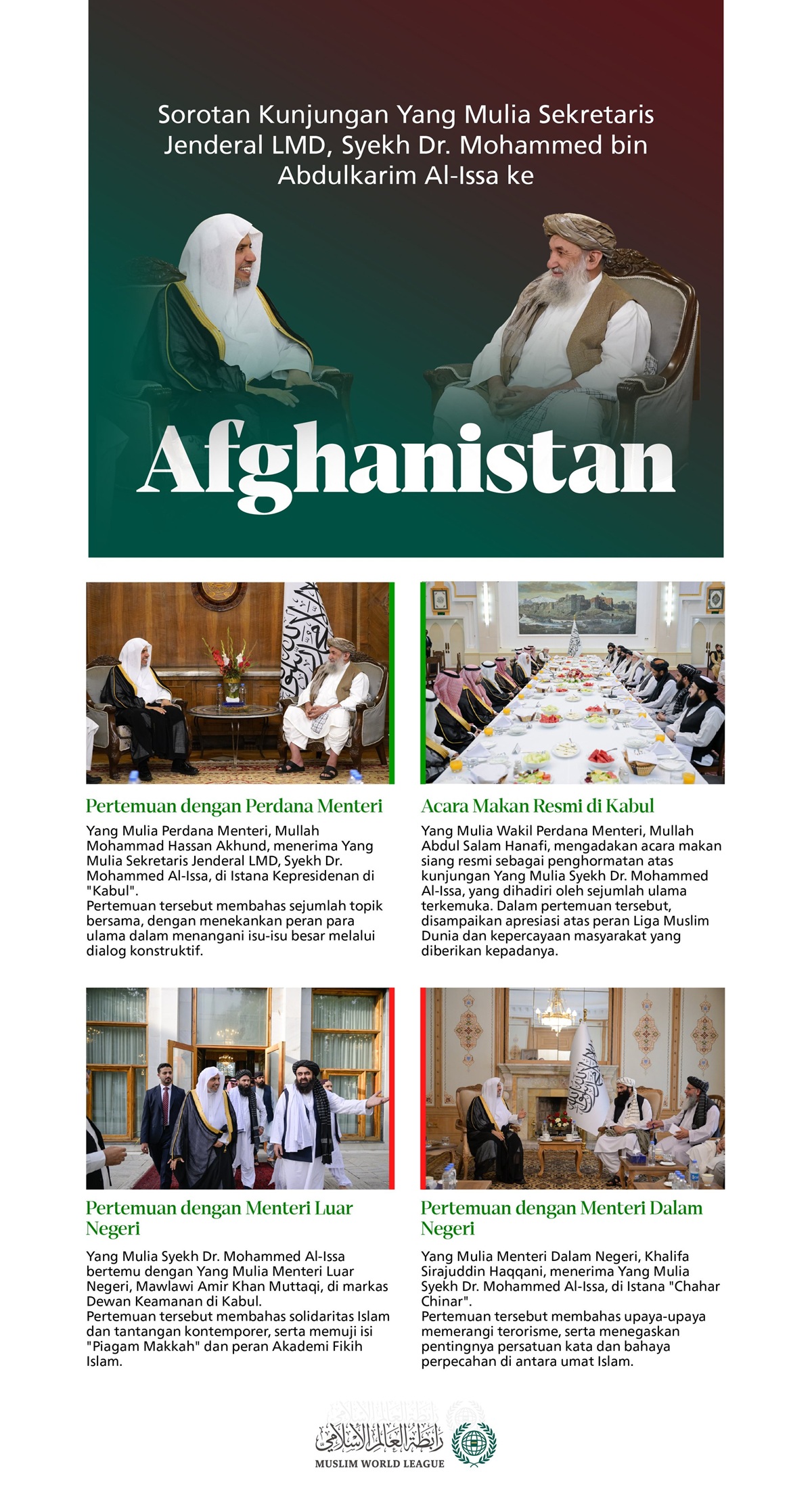 Kunjungan Syekh Alissa ke Kabul: Pesan kami adalah solidaritas Islam dan persatuan kata.  Berikut ini adalah sorotan dari kunjungan Yang Mulia Sekretaris Jenderal LMD, Ketua Organisasi Ulama Muslim, Syekh Dr. Mohammed Alissa ke Afghanistan.