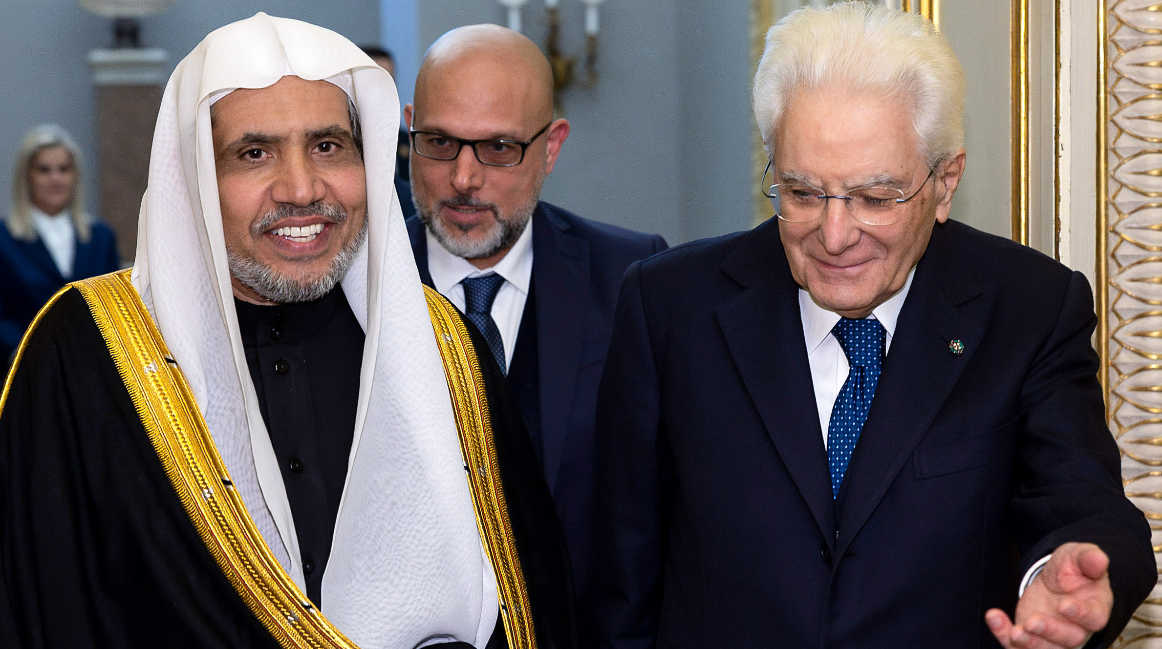 The President of the Italian Republic, Mr. Sergio Mattarella, welcomes His Excellency Sheikh Dr. Mohammad bin Abdulkarim Al-Issa at the Presidential Palace in Rome