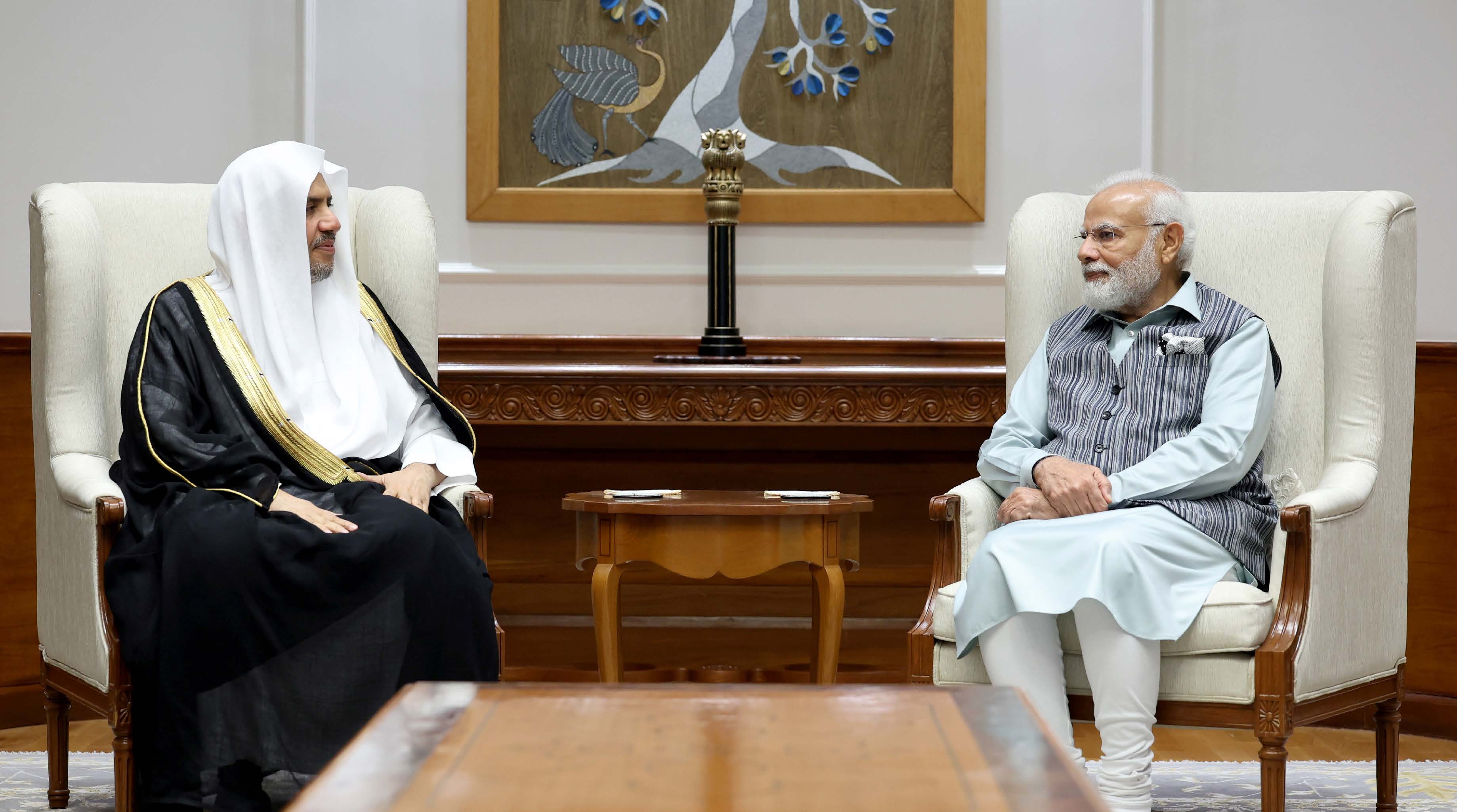 His Excellency Mr. Narendra Modi, the Prime Minister of India, receives His Excellency Sheikh Dr. Mohammed bin Abdulkarim Al-Issa, at the Prime Minister›s office in New Delhi