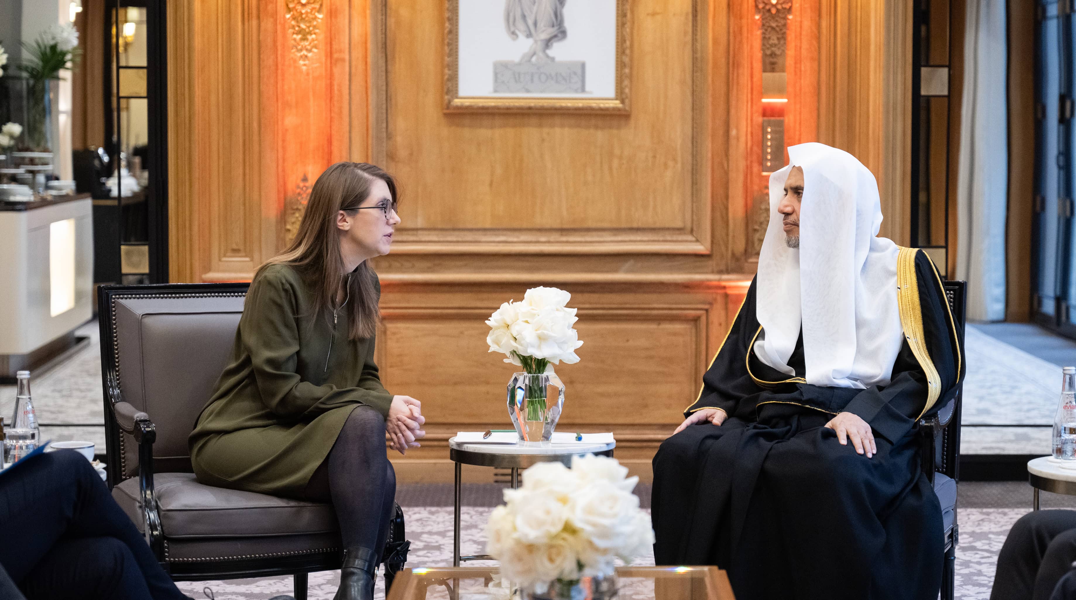 His Excellency Sheikh Dr. Mohammad bin Abdulkarim Al-Issa during his meeting with Her Excellency the French Minister for Equality and the Fight against Discrimination, Ms. Aurore Berge, at his residence in the capital, Paris