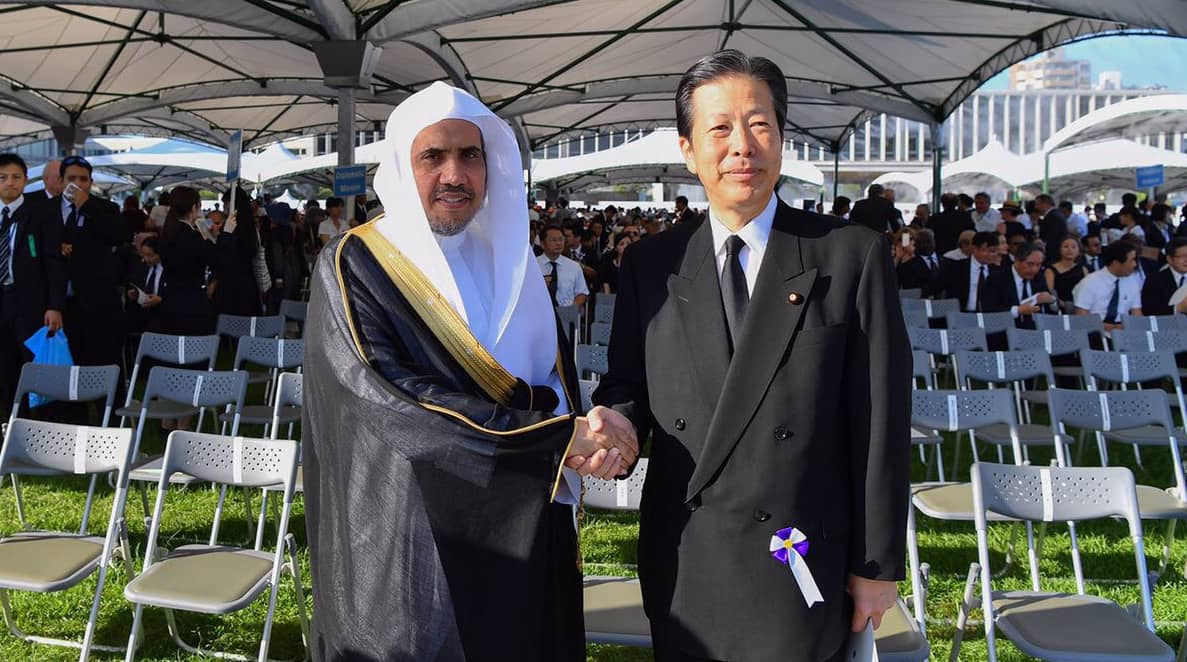 The leader of Japan›s ruling Democratic Party, Mr. Kazunori Yamaguchi, alongside His Excellency Sheikh Dr. Mohammad bin Abdulkarim Al-Issa during his attendance at the annual commemoration ceremony in Hiroshima
