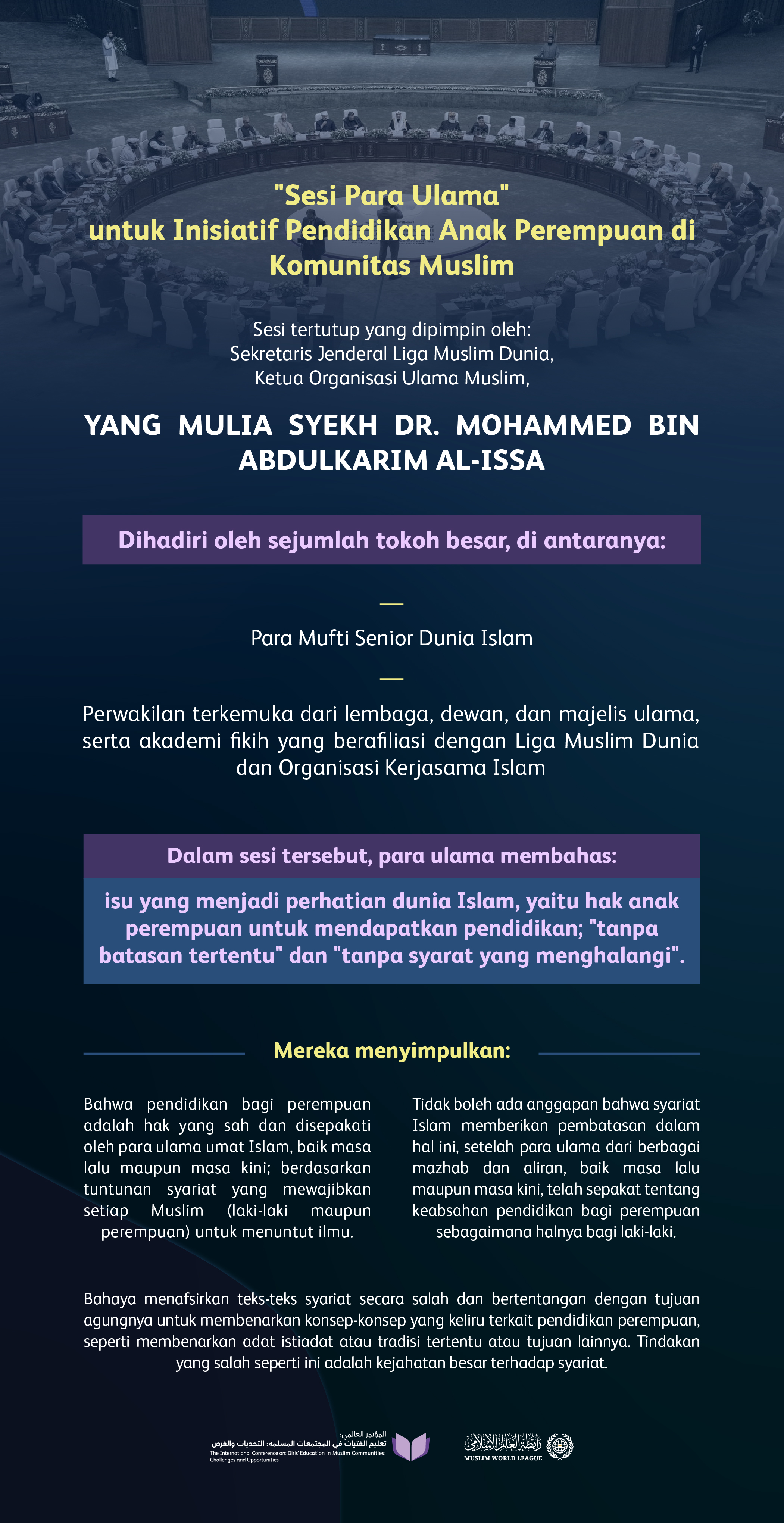 Dipimpin oleh Yang Mulia Dr. Mohammed Alissa, Dengan kehadiran dan partisipasi sejumlah ulama dan tokoh terkemuka. Berikut adalah sorotan utama dari pembahasan dalam sesi tertutup para ulama