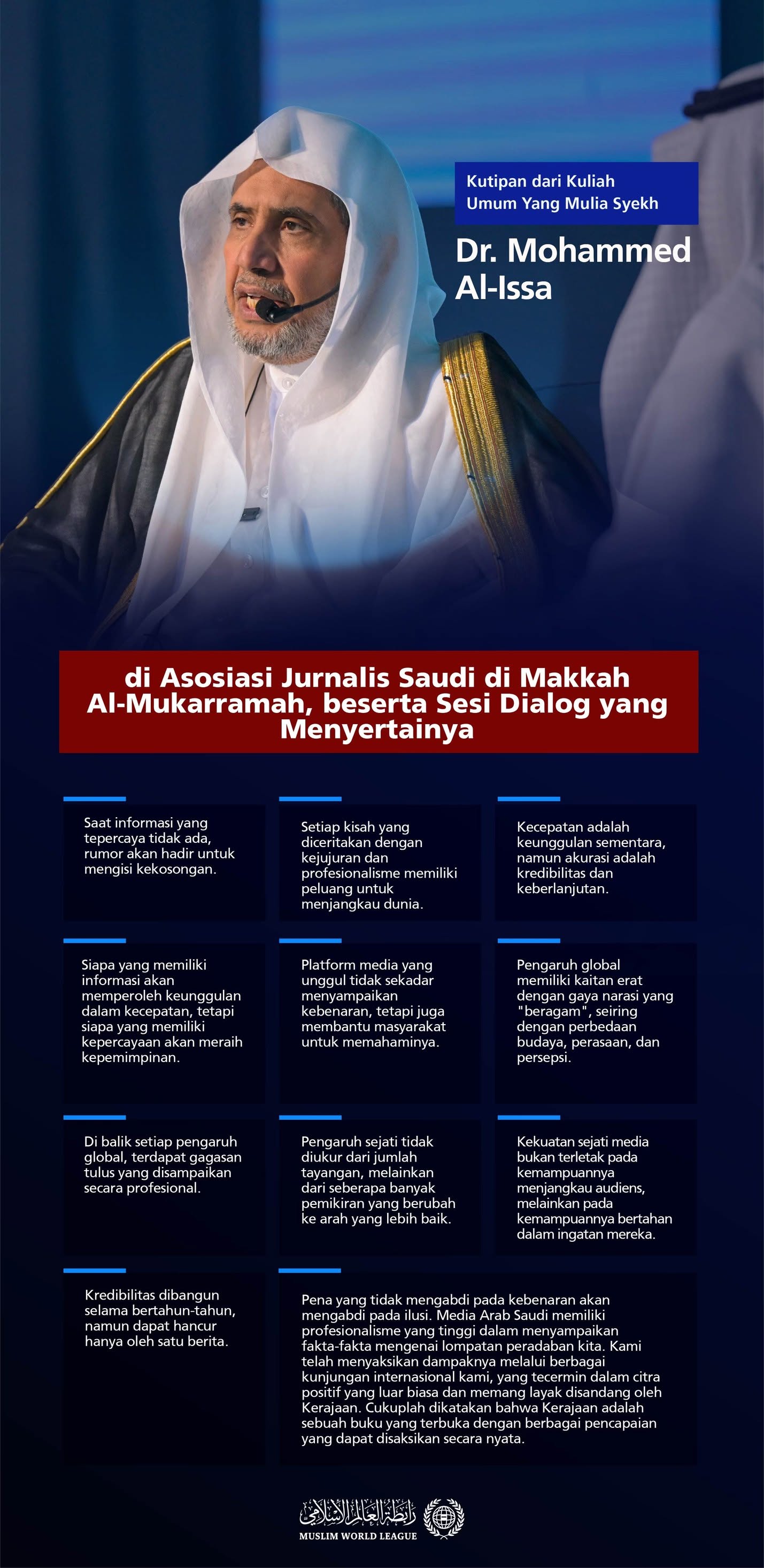 Kutipan dari kuliah umum Yang Mulia Syekh Dr. Mohammed Al-Issa di Asosiasi Jurnalis Saudi di Makkah Al-Mukarramah, beserta sesi dialog yang menyertainya: