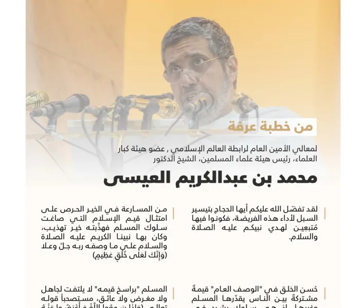 خطيبًا للأمة الإسلامية على منبر عرفة: ‏أبرز ما قاله معالي الأمين العام لـرابطة العالم الإسلامي‬⁩، رئيس هيئة علماء المسلمين، الشيخ د. محمد العيسى‬⁩، حفظه الله