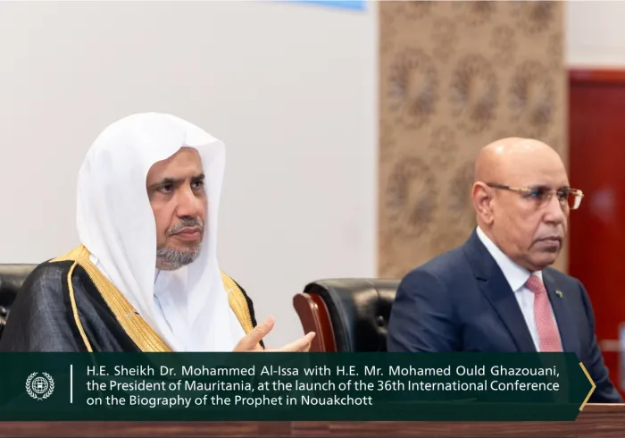 Today in Nouakchott، His Excellency Mr. Mohamed Ould Ghazouani, the President of Mauritania, accompanied by His Excellency Sheikh Dr. Mohammed Al-Issa Secretary-General of the MWL and Chairman of the Organization of Muslim Scholars, launches the 36th International Conference on the Biography of the Prophet