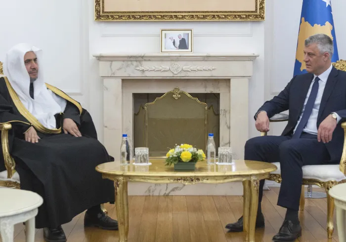 His Excellency the Prime Minister of the Republic of Kosovo Mr. Hashim Thaçi welcomes His Excellency Sheikh Dr. Mohammed bin Abdul Karim Al-Issa at the Office of the Prime Minister